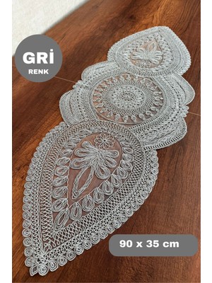 PremiumPort Gri Oval Kuru Runner, Italyan Tasarımı, Işlemeli Dantel Detaylı (90X35CM)