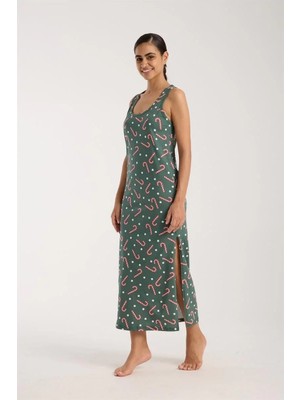 Marsilyan Kadın Kalın Askılı Yırtmaçlı Uzun Yeşil Gecelik