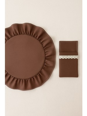 PremiumPort Kahverengi Keten Fırfırlı Supla ve Dantelli Kaşıklık Seti, 40 Cm, 2 Parça