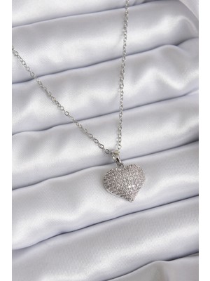 FRY 316L Çelik Zincir Gümüş Renk Zirkon Taş Detay Kalp Model Kadın Kolye