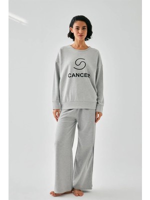 Marsilyan Kadın Gri Yengeç Burcu Oversize 2 Iplik Eşofman Ev Giyim Takımı