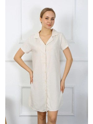 Marsilyan Kadın Pamuk Keten Kısa Kol Düğmeli Krem Tunik Gecelik