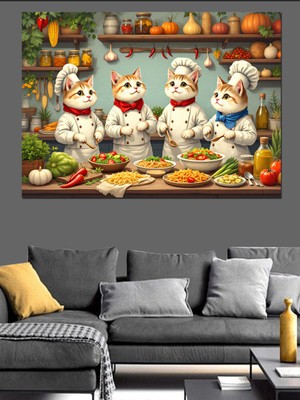 PremiumPort Mutlu Mutfak Kedileri Dekoratif Kanvas ve Mdf Ahşap Tablo