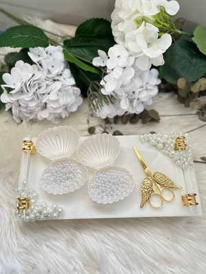 Epoksi Tepsi Incili Nişan Seti Küçük Boy Gold