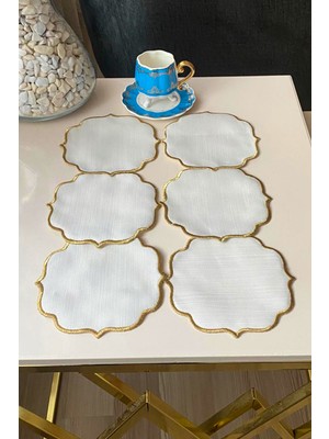 PremiumPort Keten Kahve Sunumluk Peçete, Gold Nakışlı, 6'lı Set