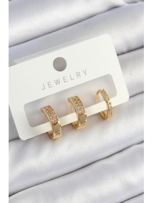 FRY Pirinç Zirkon Taşlı Halka Model Gold Renk 3'lü Çift Kadın Küpe Set