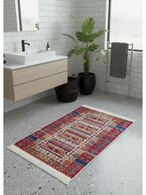 Dekoratif Paspas | Dokuma Tabanlı Etnik Desenli Yıkanabilir Baskılı Kaymaz Kilim Paspas 60X90 cm