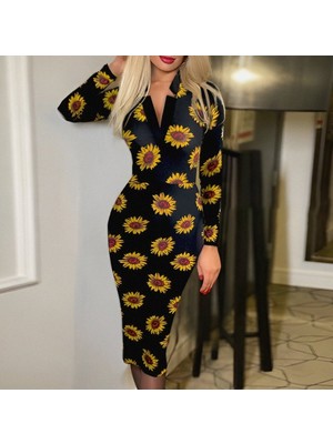 Etiler Collection Kadın Uzun Kollu V Yaka Puantiyeli Krep Midi Boy Elbise