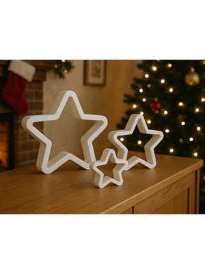 PremiumPort 3’lü Yıldız Süs Seti, Masa ve Raf Dekoru, 5X7,5X11 cm