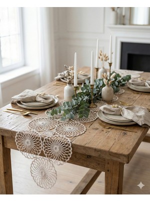 PremiumPort Şık Yuvarlak Fransız Dantel Detaylı Masa Runner, Ev Dekorasyonu Için Ideal