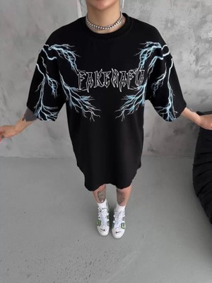 Marsilyan Unisex Bisiklet Yaka Baskılı Oversize T-Shirt - Siyah