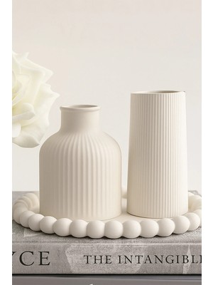 PremiumPort Iki Parçalı Bohem Iskanvaz Vazo ve Boncuk Detaylı Dekoratif Altlık Seti