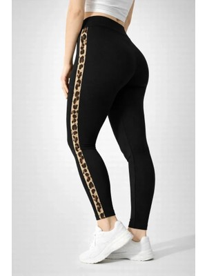 Marsilyan Likralı Yan Leopar Şeritli Detaylı Tayt - Siyah