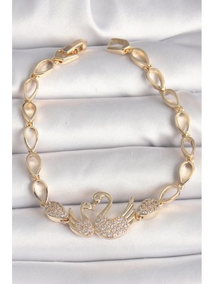 FRY Pirinç Gold Renk Zirkon Taşlı Kuğu Figür Damla Zincir Model Kadın Bileklik