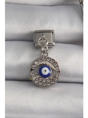 FRY 316L Çelik Gümüş Renk Sallantı Zirkon Taşlı Göz Model Nazar Boncuk Detay Nomination Charm