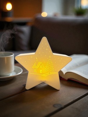 PremiumPort Yılbaşı Temalı Tealight Dekoratif Mumluk, Yıldız ve LED Işıklı