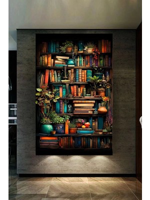 PremiumPort Kütüphanedeki Kitaplar ve Çiçekler Hd Dijital Dikey Kanvas Tablo