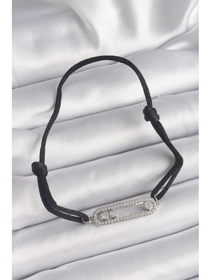 FRY Siyah Renk Ipli Asansör Zirkon Taşlı Gümüş Messika Model Kadın Bileklik