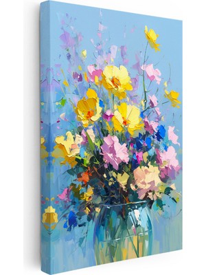 Tablofest Dikey Kanvas Tablo Mavi Vazoda Sarı ve Pembe Çiçekler Çiçek Tablosu Ev Ofis Duvar Dekoru