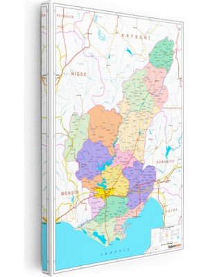 Tablofest Dikey Kanvas Tablo Adana Ilçeler ve Sınırlar Harita Tablosu Ev Ofis Duvar Dekoru