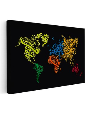 Tablofest Yatay Kanvas Tablo Arapça Hat Sanatı Dünya Harita Tablosu Ev Ofis Duvar Dekoru