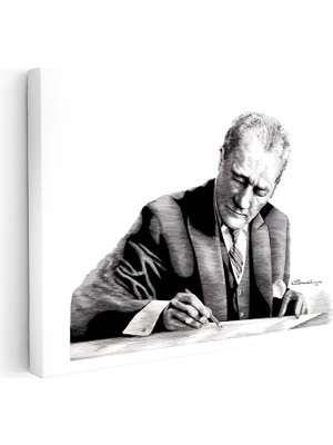 Tablofest Yatay Kanvas Tablo Atatürk Çizim Yazı Yazarken Atatürk Tablosu Ev Ofis Duvar Dekoru