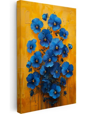 Tablofest Dikey Kanvas Tablo Sarı Zeminli Mavi Menekşeler Çiçek Tablosu Ev Ofis Duvar Dekoru
