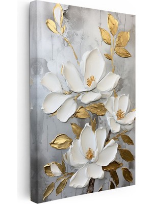 Tablofest Dikey Kanvas Tablo Kabartma Görünümlü Altın Manolya Çiçek Tablosu Ev Ofis Duvar Dekoru