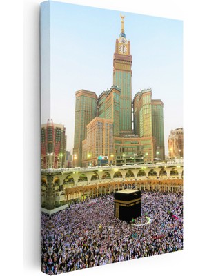 Tablofest Dikey Kanvas Tablo Mekke Saat Kulesi ve Kabe Manzarası Dini Islami Tablo Ev Ofis Duvar Dekoru