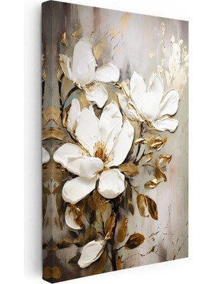 Tablofest Dikey Kanvas Tablo Altın Dokunuşlu Beyaz Manolya Çiçek Tablosu Ev Ofis Duvar Dekoru
