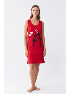 Marsilyan Kadın Kalın Askılı Penye Diz Üstü Kırmızı Gecelik