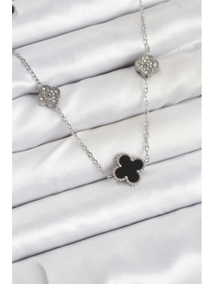 FRY 316L Çelik Zincir Gümüş Renk Siyah ve Zirkon Taşlı Yonca Kadın Kolye