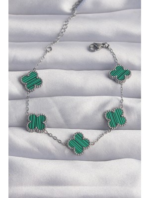 FRY 316L Çelik Gümüş Renk Çizgili Yeşil Mineli Yonca Bileklik