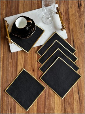 PremiumPort Altı Adet Gold Nakışlı Kare Kokteyl Sunum Peçetesi Seti