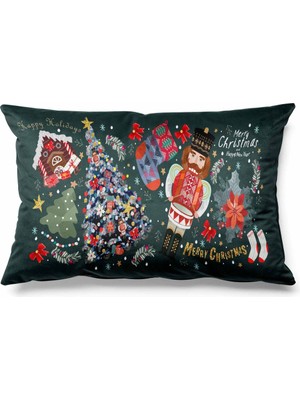 PremiumPort Dikdörtgen Nutcracker Desenli Çift Taraflı Süet Kırlent Kılıfı Yılbaşı