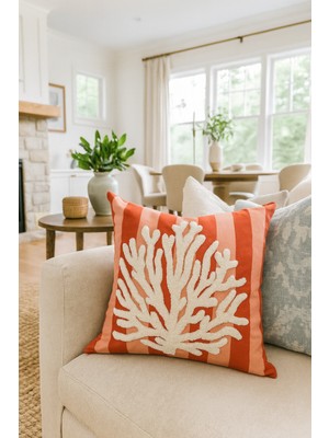 PremiumPort Şık Nakışlı Kırlent Kılıfı, 43X43 Cm, Mercan Renk