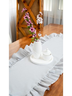 PremiumPort Şık Fırfırlı Vintage Gri Runner, 40X110 Cm, Doğal ve Zarif Tasarım