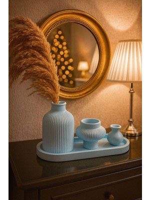 PremiumPort Çizgili Vazolu 5'li Dekoratif Tepsi Seti, Çilek Kokulu, Hediye Alternatifi