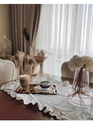 PremiumPort Fırfırlı Ham Keten Runner, Vintage Tarz, 40X80, Şık ve Rahat Kullanım