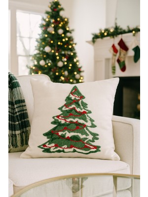 PremiumPort Nakışlı Kırlent Kılıfı 43X43 Cm, Krem, Süslü Ağaç Deseni