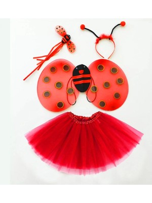 MiraLive Kırmızı Uğur Böceği Ateş Böceği Kostüm Seti - (Tütü, Kanat, Taç, Asa)