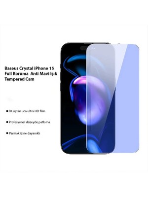 İlkyaz Fashion Baseus Crystal iPhone 15 Full Koruma Anti Mavi Işık Tempered Cam Ekran Koruyucu 2 Adet SET-(5775)