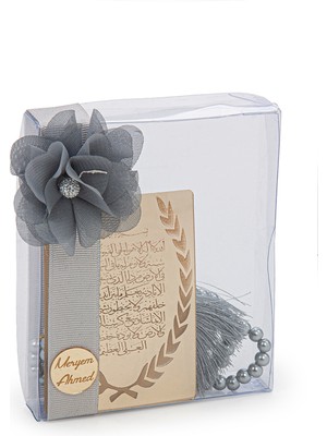 PremiumPort Şık Gri Inci Tesbihli Aynalı Pleksi Ayetel Kürsi Süs Seti