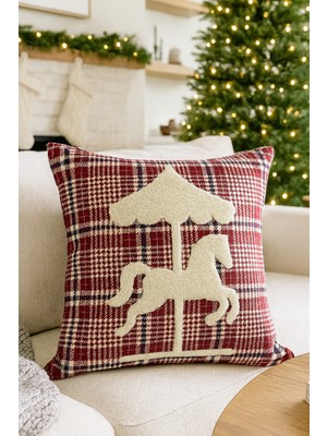 PremiumPort Kırmızı Ekose Nakışlı Kırlent Kılıfı 43X43 Cm, Şık ve Renkli Dekorasyon