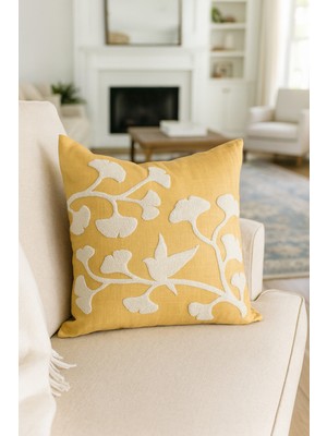 PremiumPort Punch Nakışlı Sarı Kırlent Kılıfı 43X43 Cm, Şık ve Zarif Dekorasyon Parçası