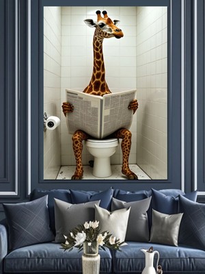 PremiumPort Şık Tuvalette Gazete Okuyan Zürafa Dekoratif Kanvas ve Mdf Tablo