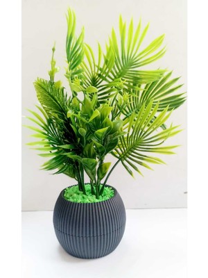 PremiumPort Mini Yeşil Saksıda Yapay Bitki, Fosforlu Taşlı Dekoratif Çiçek