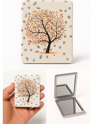 PremiumPort Sevgi Ağacı Tasarımlı Mini Çanta Makyaj Aynası, Simli Büyüteçli, Sarı