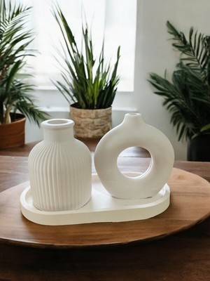 PremiumPort Şık Ikili Vazo ve Sunum Tabak Seti, Ev Dekorasyonu Için Zarif Seçenek