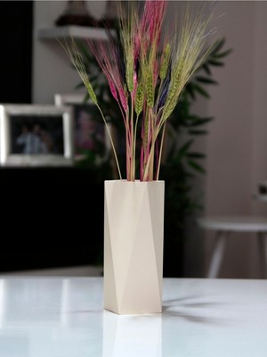 PremiumPort Şık Geometrik Uzun Vazo, Krem Renk, 20 cm Dekoratif Tasarım